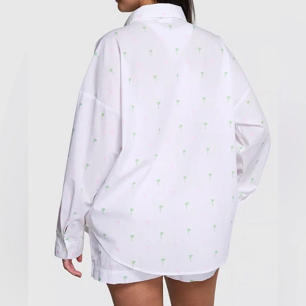 Victoria’s Secret PINK Palm Tree Print Button Down Long Sleeve & Shorts Pajamas